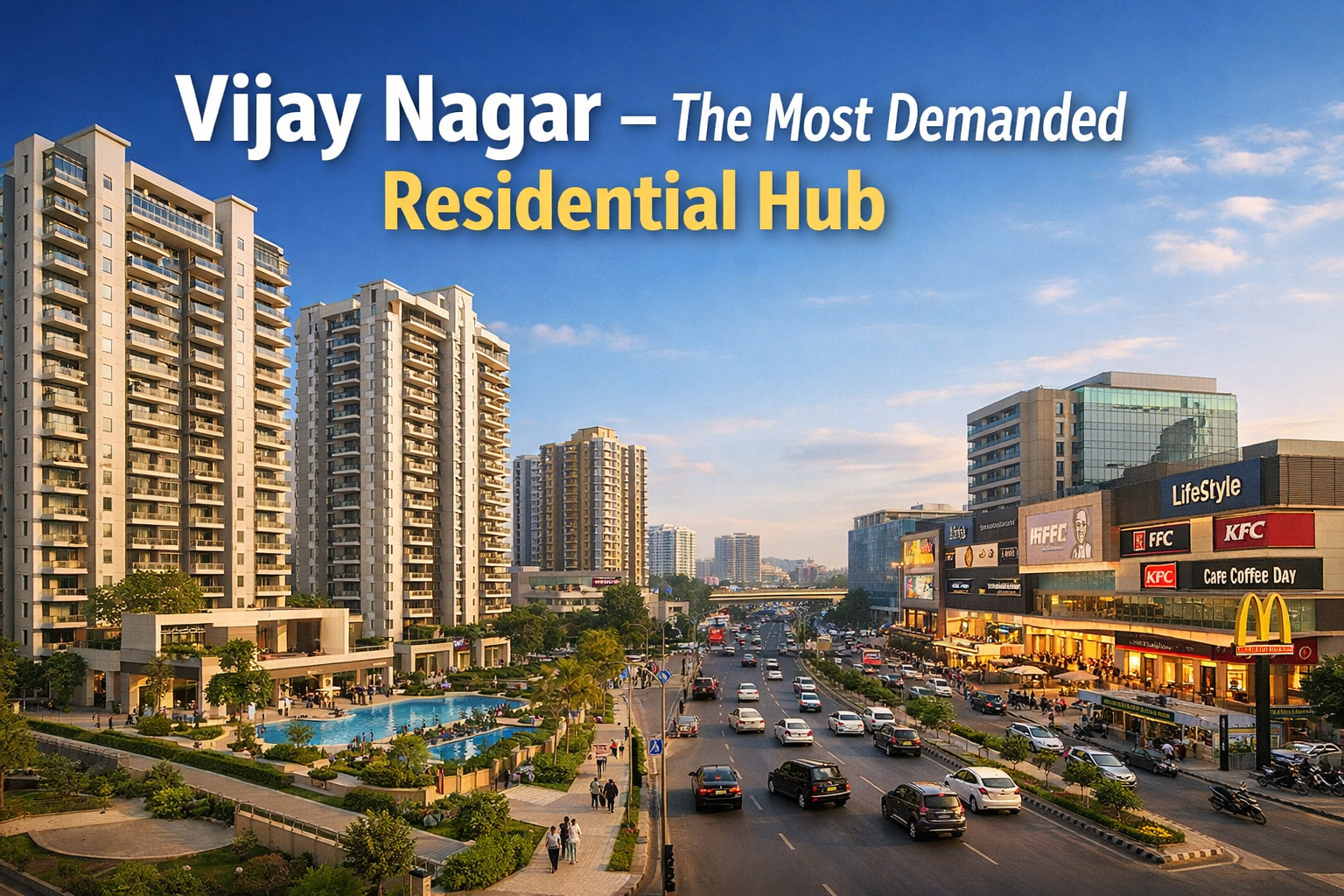 Vijay Nagar Indore residential skyline with modern apartments, commercial buildings and wide city roads