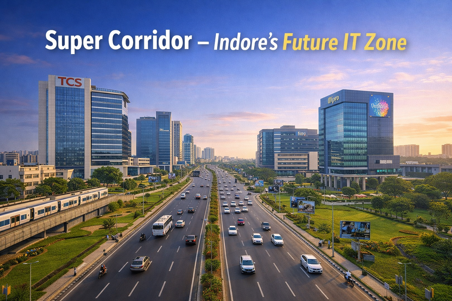 Super Corridor Indore showcasing modern IT buildings, wide highway, metro train, and landscaped greenery at sunset