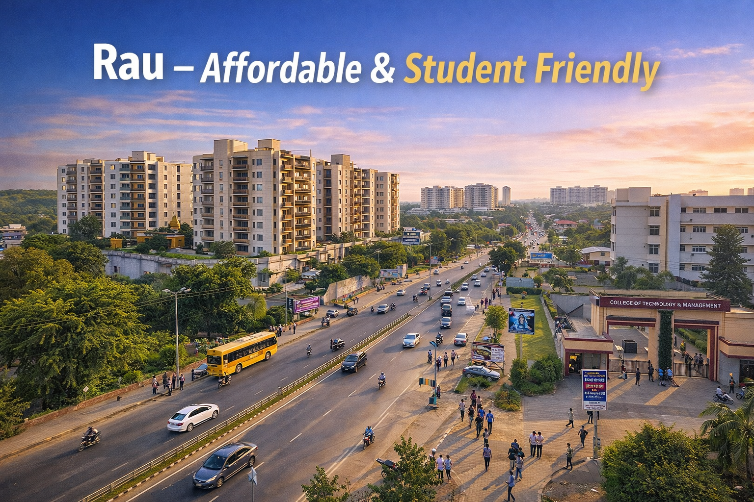 Rau Indore affordable residential area with student apartments, colleges, and busy main road view