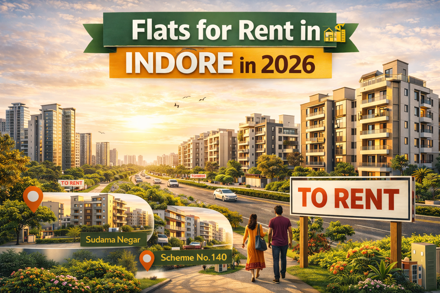 Flats for Rent in Indore in 2026 showing modern apartment buildings, residential complexes, and rental housing in prime locations of Indore.